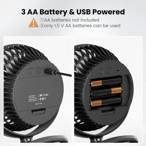 Back view of Clip On 5 Inch Fan With Aroma Function showing USB power port and AA battery compartment.