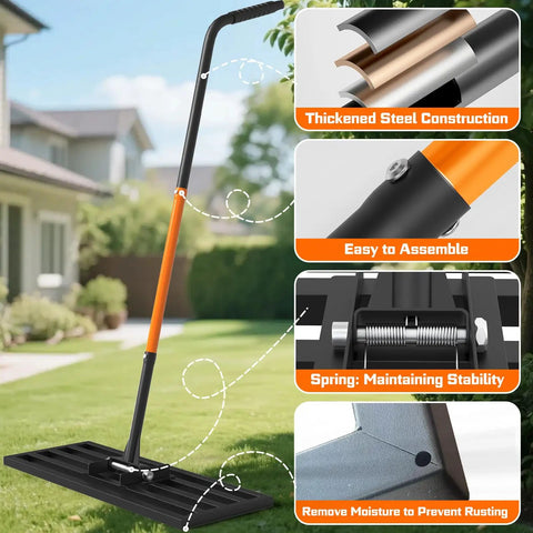 Heavy Duty Stainless Steel Lawn Leveling Rake With 78 Inch Adjustable Handle showing detailed construction features for garden use