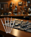 Five Piece Silver Steel Watch Stem Crown Kit For NH35 NH36 NH38 NH39 Movements on a watchmaker's workbench