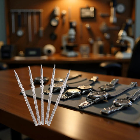Five Piece Silver Steel Watch Stem Crown Kit For NH35 NH36 NH38 NH39 Movements on a watchmaker's workbench
