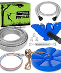 Backyard Zip Line Kit For Kids And Adults 65 Feet With 60mm Swing Seat, steel trolley and accessories displayed.