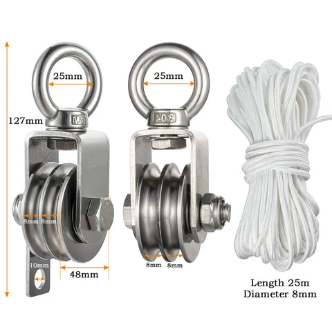 Heavy Duty Stainless Steel Snatch Block Pulley System With Double Grooves And Built In Bearings, 25m/8mm Rope, 127mm view