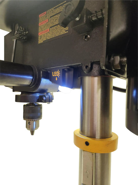 Close-up of 10 Inch Drill Press With 7.0 Amp Motor And LED Worklight Five Speed Settings 3.5 Inch Spindle Travel showcasing LED light.