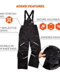 Tough As Nails Heavy Duty Insulated Bib Overalls For Winter Workwear With 3M Thinsulate Removable Knee And Shin Pads Rugged 500D Nylon Shell Water Repellent Cold Weather Gear Black Size Small with features like 4-way stretch sides and zippered pockets shown.