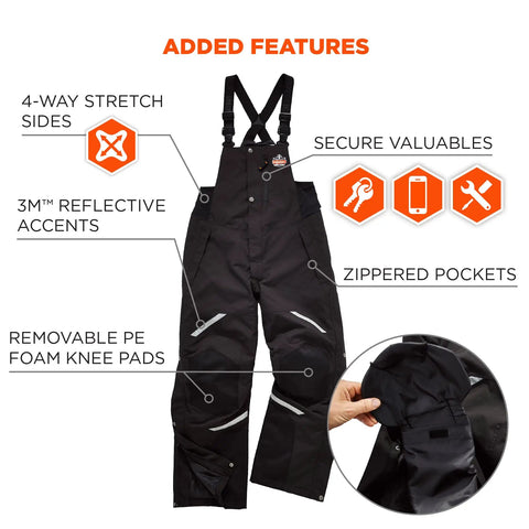 Tough As Nails Heavy Duty Insulated Bib Overalls For Winter Workwear With 3M Thinsulate Removable Knee And Shin Pads Rugged 500D Nylon Shell Water Repellent Cold Weather Gear Black Size Small with features like 4-way stretch sides and zippered pockets shown.