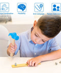 Wooden Hammer Toy Set For Kids Educational Hands On Pretend Play Tools Durable Safe Wood Kid Friendly Blue Color Great For Learning Building Party Games And DIY Fun, boy using blue wooden hammer toy, 6.5x3 in