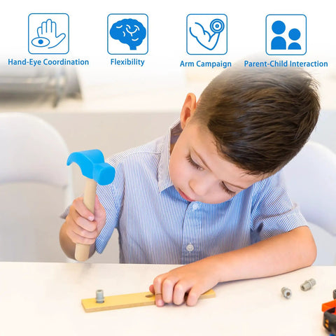 Wooden Hammer Toy Set For Kids Educational Hands On Pretend Play Tools Durable Safe Wood Kid Friendly Blue Color Great For Learning Building Party Games And DIY Fun, boy using blue wooden hammer toy, 6.5x3 in