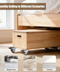 1.5 Inch Rubber Caster Wheels With Brake And Bonus Tools Ultra Smooth Roll Swivel Casters 360 Degree Turning under bed storage box on wooden floor.