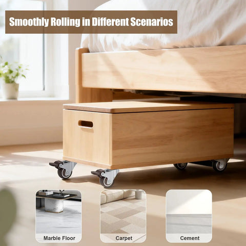 1.5 Inch Rubber Caster Wheels With Brake And Bonus Tools Ultra Smooth Roll Swivel Casters 360 Degree Turning under bed storage box on wooden floor.