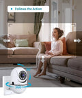 Girl sitting on a couch monitored by Plug In 3MP Indoor Security Camera With 360 Degree View, 2.4G WiFi, Phone App Control.