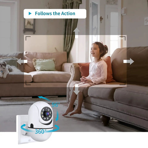 Girl sitting on a couch monitored by Plug In 3MP Indoor Security Camera With 360 Degree View, 2.4G WiFi, Phone App Control.
