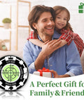 Smiling man with child holding a gift, next to a Two Pack Golf Green Reader Bubble Level Hat Clip for Putting Practice, High Precision Horizontal Bubble, Golf Ball Marker Clip, Training Aid and Accessory Gift for Men and Women, Black Green.