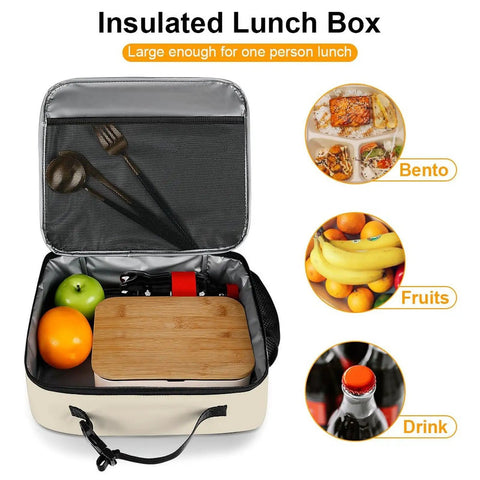 Mountain Bear Tree Lake Insulated Lunch Bag open with apple, orange, wooden tray, and utensils inside
