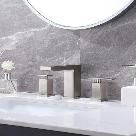 Brushed Nickel Widespread Bathroom Faucet 3 Hole 2 Handle Vanity Sink Faucet Stainless Steel With Drip Free Ceramic Disc Valves Easy