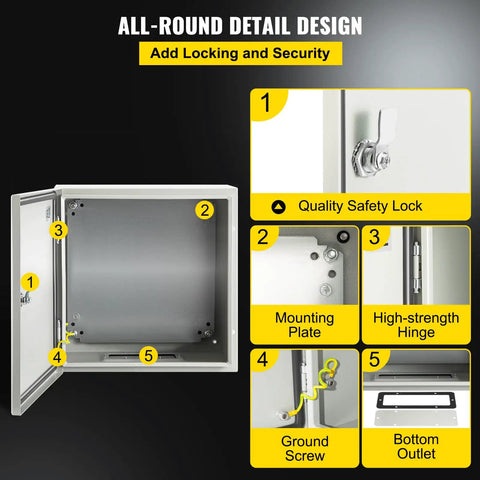Detailed view of NEMA 4X Steel Enclosure For Electrical Gear, 16 by 16 by 6 inches, showing safety lock, mounting plate, and hinge.