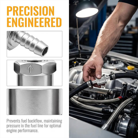 Built Tough One Way Check Valve Two Pack Quarter Inch Fuel Line Assembly Aluminum Alloy Body installed on engine.