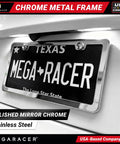 Slim Mirror Chrome License Plate Frames 2 Pack For Front And Rear Whips, installed on vehicle, shiny stainless steel.