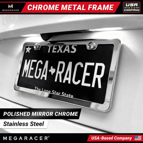 Slim Mirror Chrome License Plate Frames 2 Pack For Front And Rear Whips, installed on vehicle, shiny stainless steel.