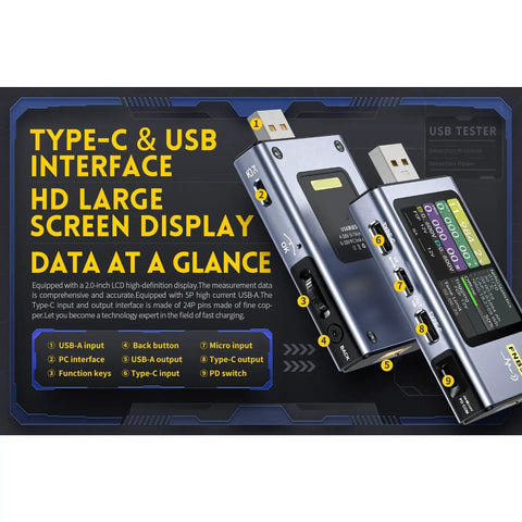 USB Power Multimeter With 2 Inch HD LCD Display And Bluetooth App Pro Grade All In One Type C Voltage Current Power Tester