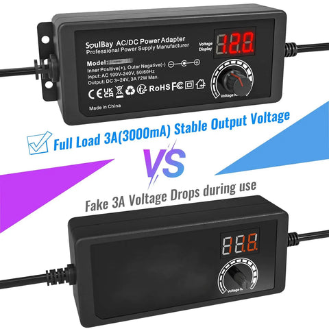 Universal AC DC Power Supply Adapter 72W Adjustable 3V To 24V Output With Voltage Display, 14 Tips And 1 Reverse Polarity Cable, 3000mA Max