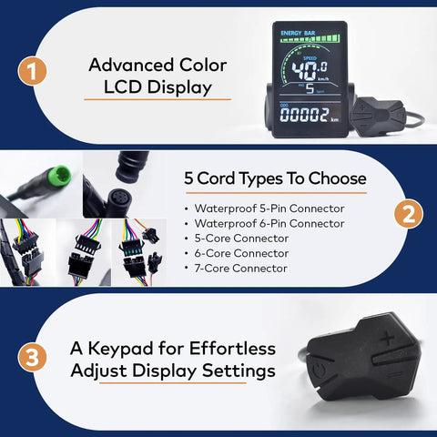 Ebike Display M6C UART No 2 Protocol LCD Cycling Computer featuring color screen, 5 cord connector options, and keypad.