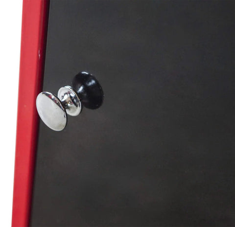 Close-up of handle on red and black Rolling Garage Workshop Tool Organizer With Detachable Four-Drawer Chest Large Storage Cabinet.