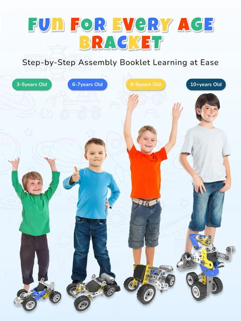 Children with 10 In 1 STEM Toys For Kids Ages 4 5 6 7 8 Build Kit With Electric Motor, showing cars and robots by age group.