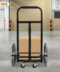 Beefy 400lbs Foldable Hand Truck Dolly, Steel Heavy Duty Folding Cart for Moving Furniture and Boxes, Three Wheel Design For Flat Ground Or Stairs, Spray Coated Black Finish, Durable, Portable Cargo Helper shown front view with box