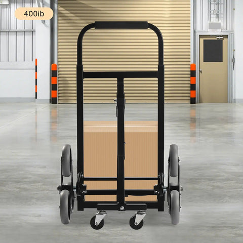 Beefy 400lbs Foldable Hand Truck Dolly, Steel Heavy Duty Folding Cart for Moving Furniture and Boxes, Three Wheel Design For Flat Ground Or Stairs, Spray Coated Black Finish, Durable, Portable Cargo Helper shown front view with box