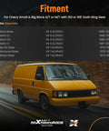 Yellow van on road, product fitment details for Chevy Small & Big Block V8 with 153 or 168 Tooth Ring Gear.