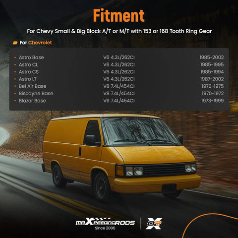 Yellow van on road, product fitment details for Chevy Small & Big Block V8 with 153 or 168 Tooth Ring Gear.