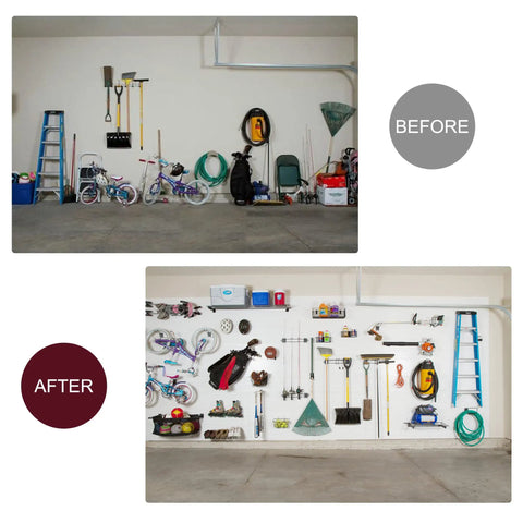 Before and after of garage using Heavy Duty Double Garage Hooks Wall Mount 12.44 Inch Long Utility Hangers Two Pack for organization