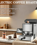 Top Shelf Smokeless Electric Coffee Bean Roaster With Auto Manual And Semi Auto Settings on countertop with coffee beans and grinders.
