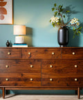 Wooden dresser with Gold Cabinet Knobs 10 Pack Brushed Brass Dresser Hardware Zinc Alloy Round Vintage Drawer Pulls.