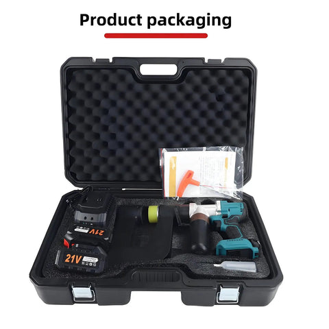 Open case with Pro-Grade Cordless Hydraulic Punch Kit With 6000mAh Battery, 150mm Throat Depth, and accessories visible.