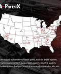 Map of USA with highlighted cities and automotive supply text, branded with A-Plus PartRix logo.