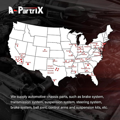 Map of USA with highlighted cities and automotive supply text, branded with A-Plus PartRix logo.
