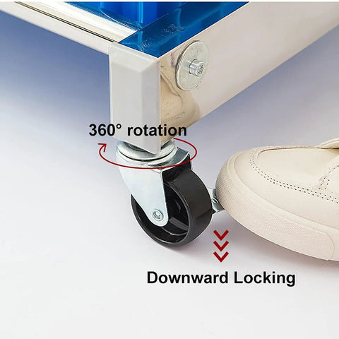 Close-up of 360 degree swiveling wheels with downward locking on Stainless Steel Mop And Broom Organizer For Garage And Janitorial Cart Built Like A Tank Heavy Duty Cleaning Tool Holder With 360 Degree Swiveling Wheels 20 Racks And 48 Hooks For Ultra Efficient Storage.