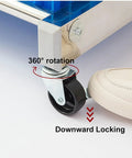 Heavy Duty Stainless Steel Broom And Mop Organizer Cart With Floor Standing Storage showing rotating and locking caster wheel