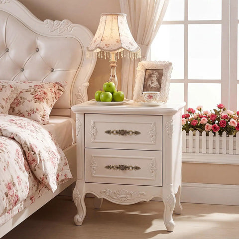 Elegant bedroom nightstand with Antique Brass Cabinet Knobs And Pulls Set 5 Inch Hole Center, featuring a floral lampshade and green apples.
