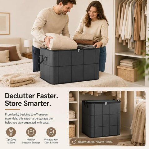 Big Roomy Fabric Storage Tote With Smooth Dual Zipper Foldable Closet Organizer For Quilts Bedding Moving Seasonal Coats, shown with blankets.