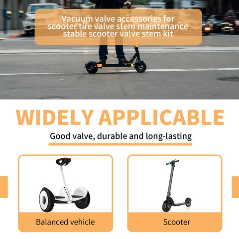 Scooter with Tubeless Tire Valve Stems For Electric Scooters Ten Pack, vacuum valve accessories visible on road
