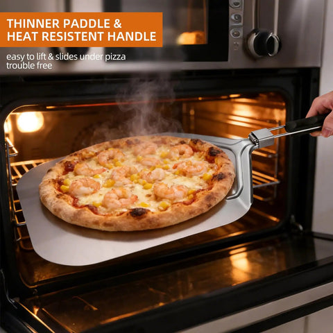 Must Have Pizza Peel Set With Cutter Rocker, Aluminum Peel, Foldable Handle lifting pizza from oven