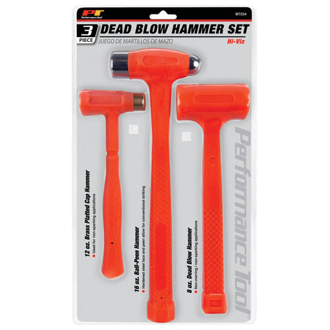 Three Piece Dead Blow Hammer Set With Brass Cap Hammer 12 Oz Ball Peen 16 Oz And 24 Oz Dead Blow Urethane Coated Orange Hammers