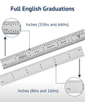 Dead Nuts Accurate Six Inch Metal Ruler Featuring Sharp Etched Scale Markings Built From Fully Hardened Carbon Steel With Sleek Chrome Plating For Pro Tradesmen Who Want Rock Solid Measurements Every Single Time showing full English graduations with 32nds and 64ths markings.