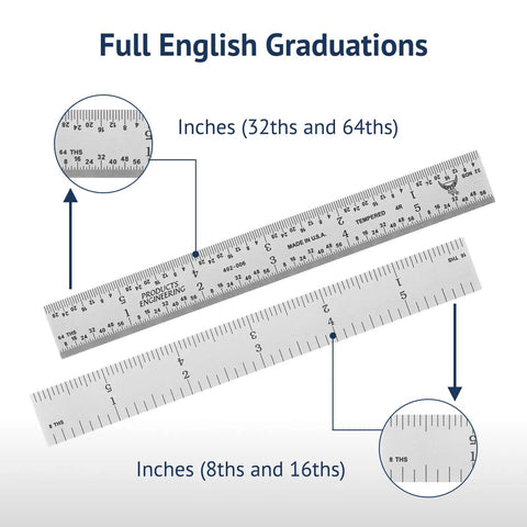 Dead Nuts Accurate Six Inch Metal Ruler Featuring Sharp Etched Scale Markings Built From Fully Hardened Carbon Steel With Sleek Chrome Plating For Pro Tradesmen Who Want Rock Solid Measurements Every Single Time showing full English graduations with 32nds and 64ths markings.