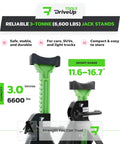 Front view of green 3-ton jack stands with black saddle; adjustable height 11.6–16.7 in; 2-pack, Amazon DriveUp