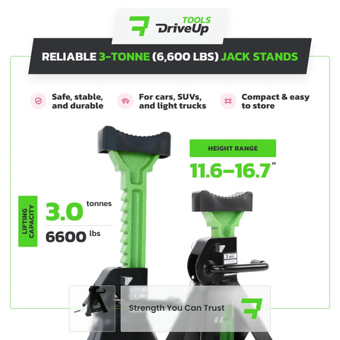 Front view of green 3-ton jack stands with black saddle; adjustable height 11.6–16.7 in; 2-pack, Amazon DriveUp