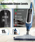 Control panel of 12 In 1 Steam Mop showing adjustable steam levels and fast heating feature.