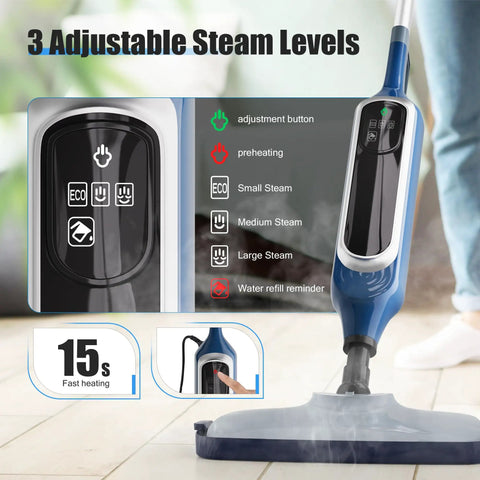 Control panel of 12 In 1 Steam Mop showing adjustable steam levels and fast heating feature.